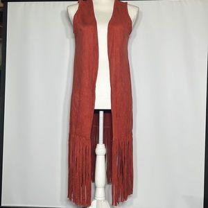 NWOT long soft velour cardigan with fringe